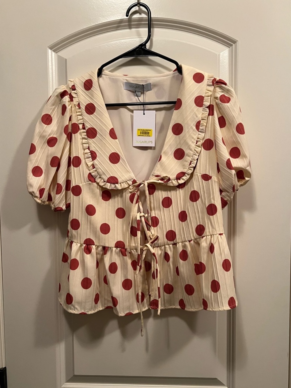 Sugarlips Cream Top with Red Polka Dots and Tie-Front